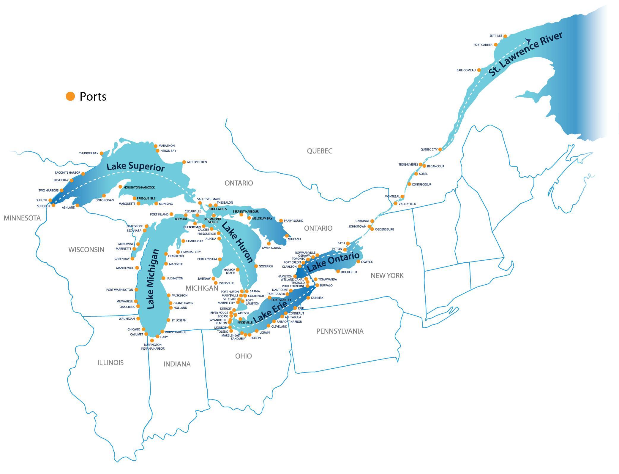 Map shows ports that are on the Great Lakes-St. Lawerence River. ©2018 Chamber of Marine Commerce. 
